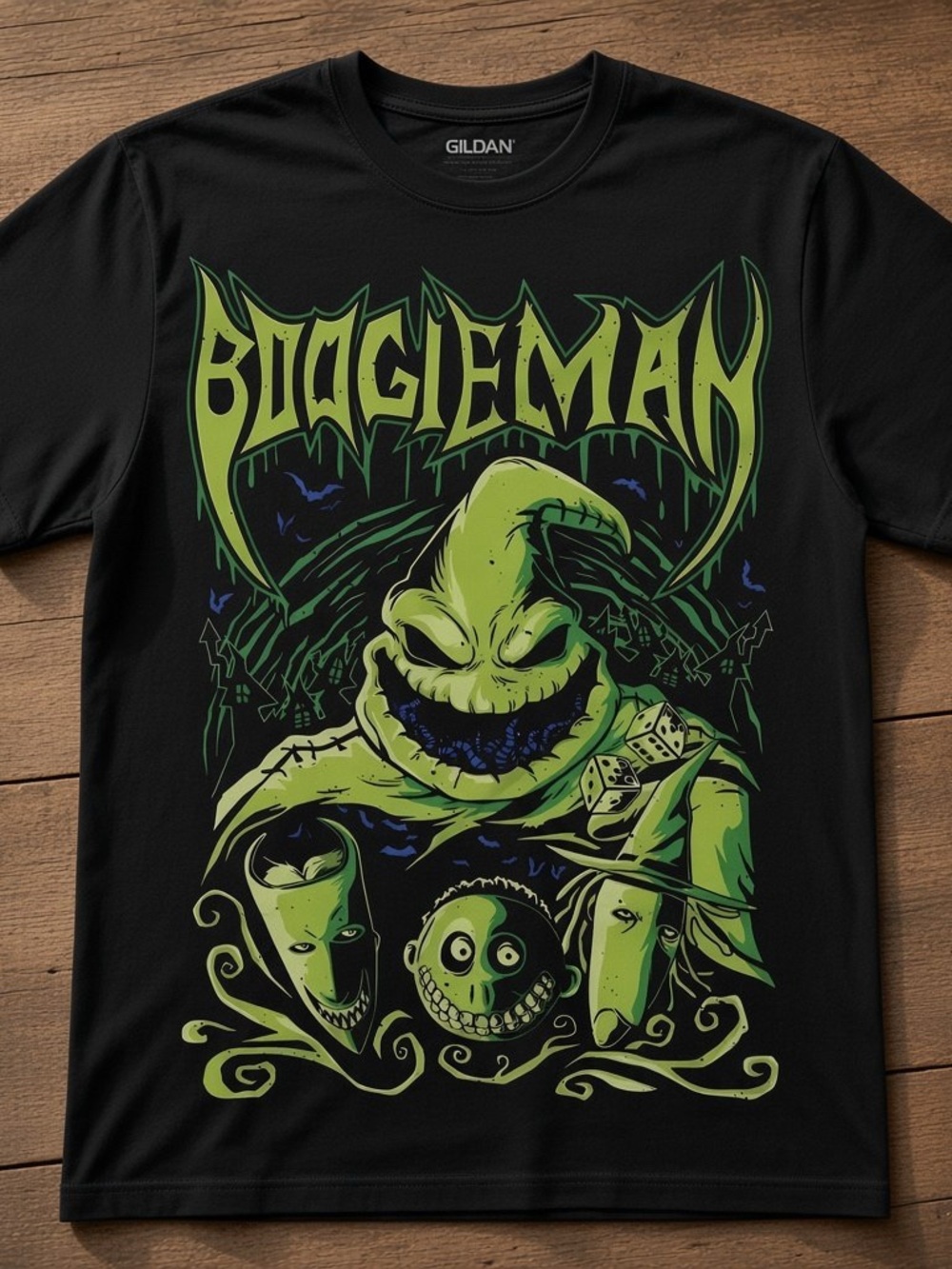 Gildan Black Tee with Neon Green 'Boogieman' Graphic